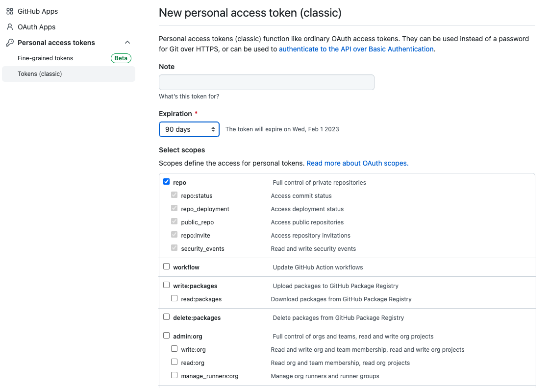 GitHub personal access token scopes