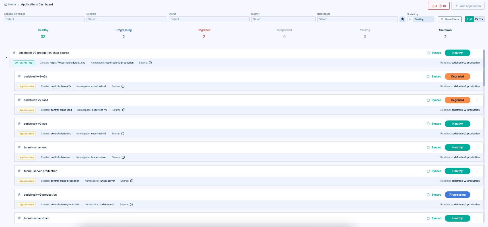 GitOps Apps dashboard: List view