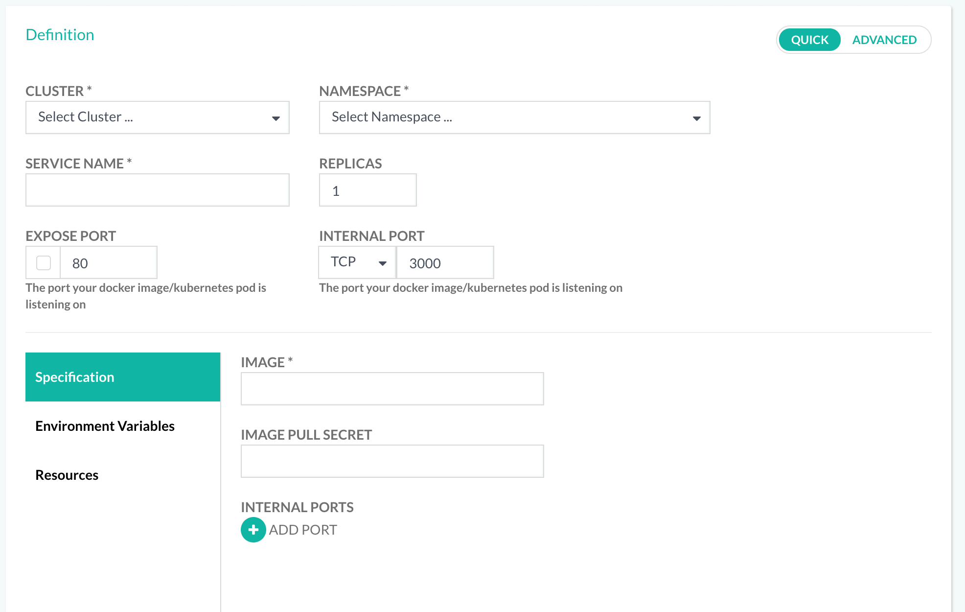 Deploying with the quick UI dialog