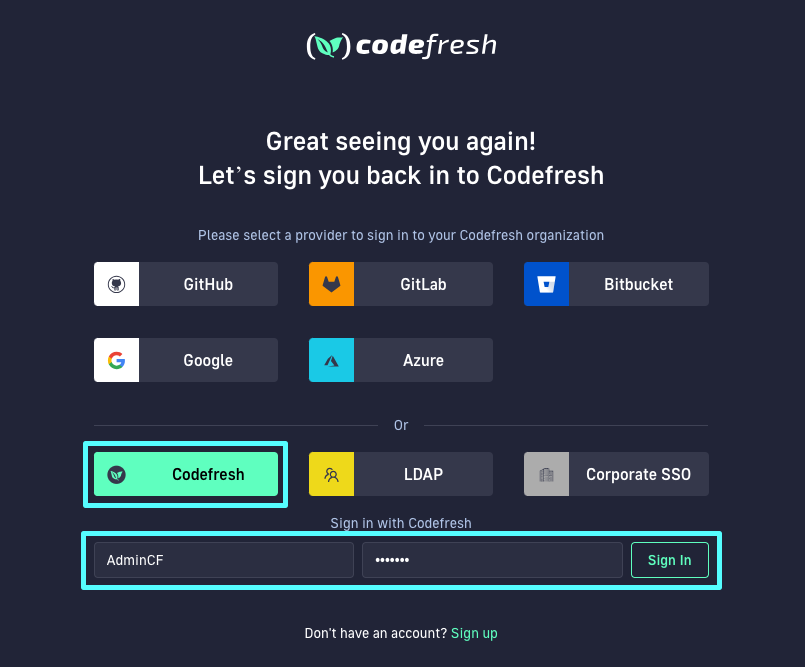 Signing in to Codefresh after platform installation