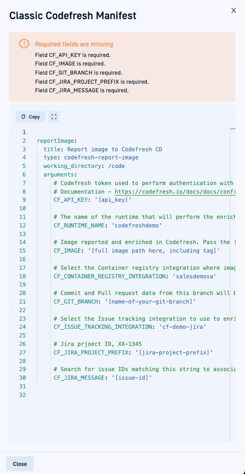 Example of manifest generated for Codefresh pipeline with validation errors