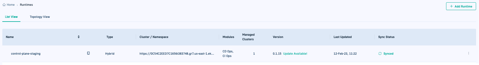 Succesfully installed Hybrid GitOps runtime in Runtimes > List View