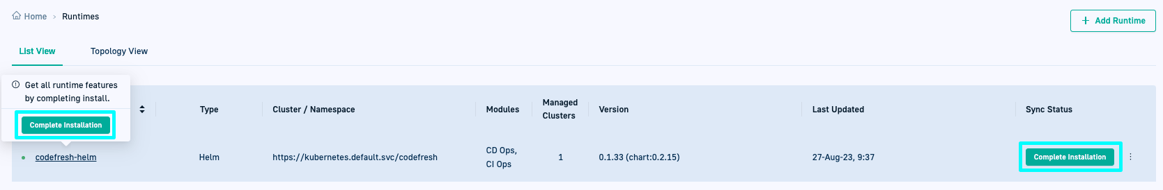 Newly installed Hybrid GitOps Runtime with Complete Installation notification