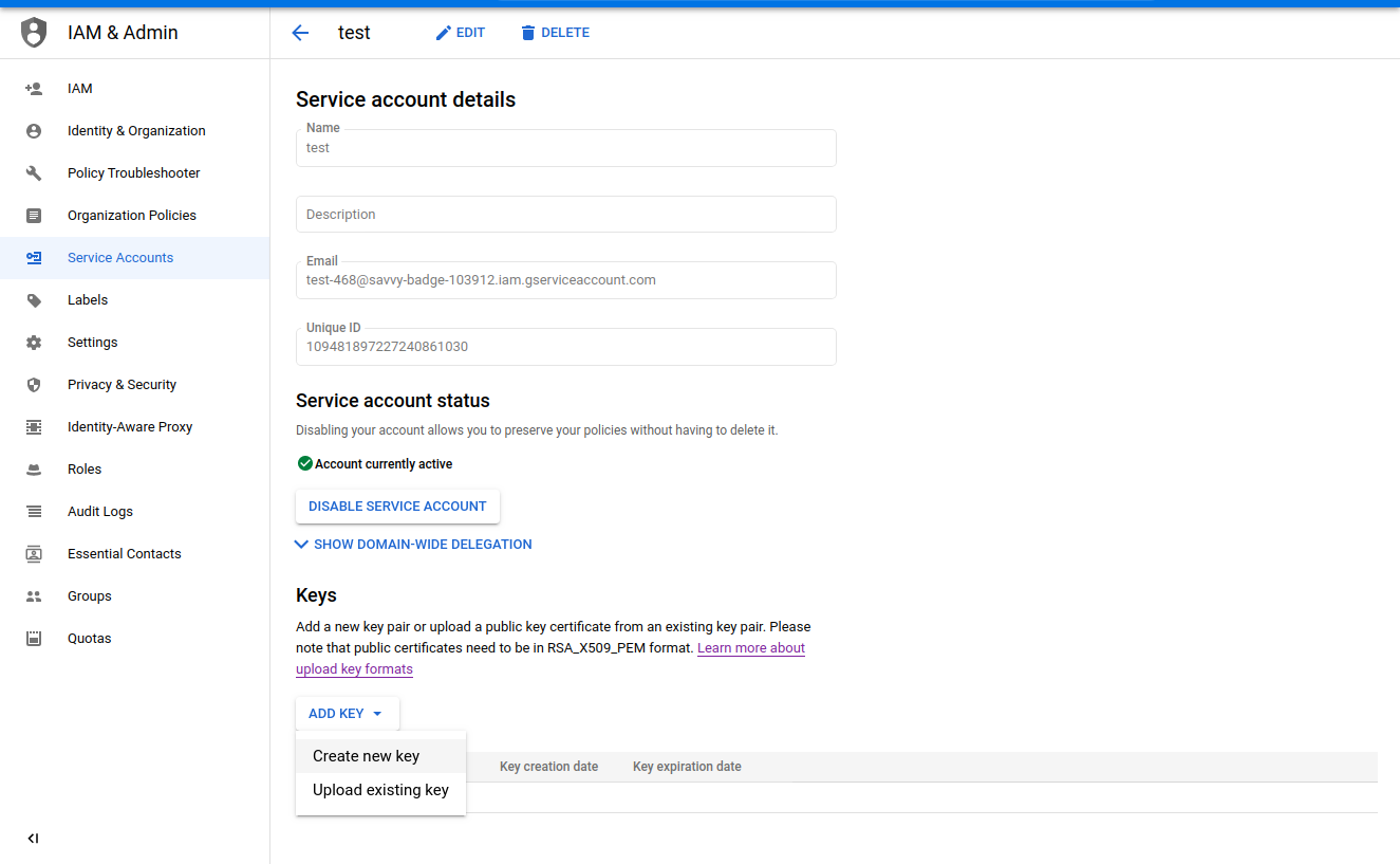 Creating a service account in Google