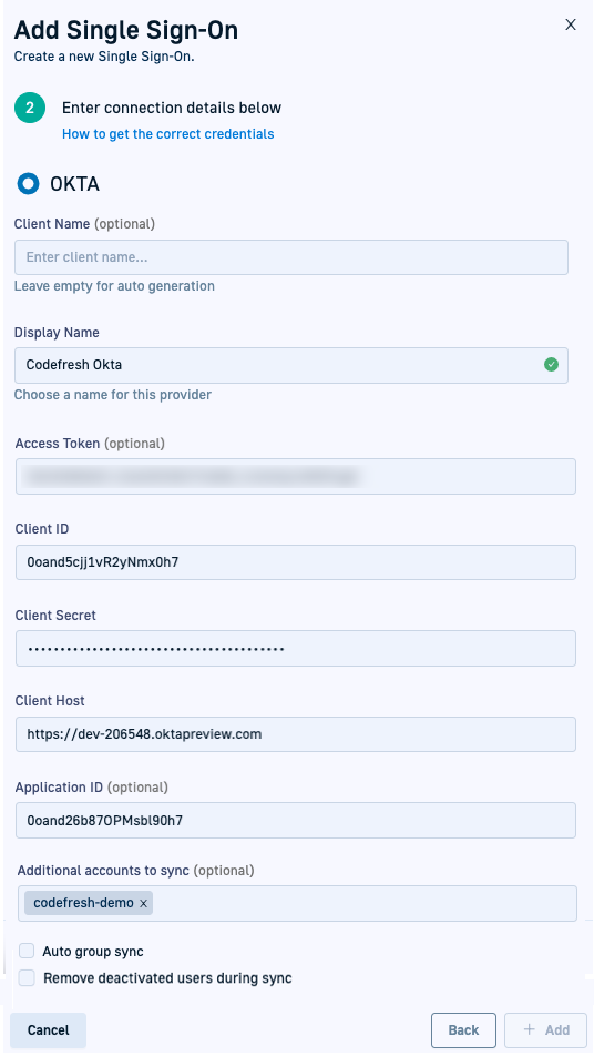 SSO settings for Okta in Codefresh