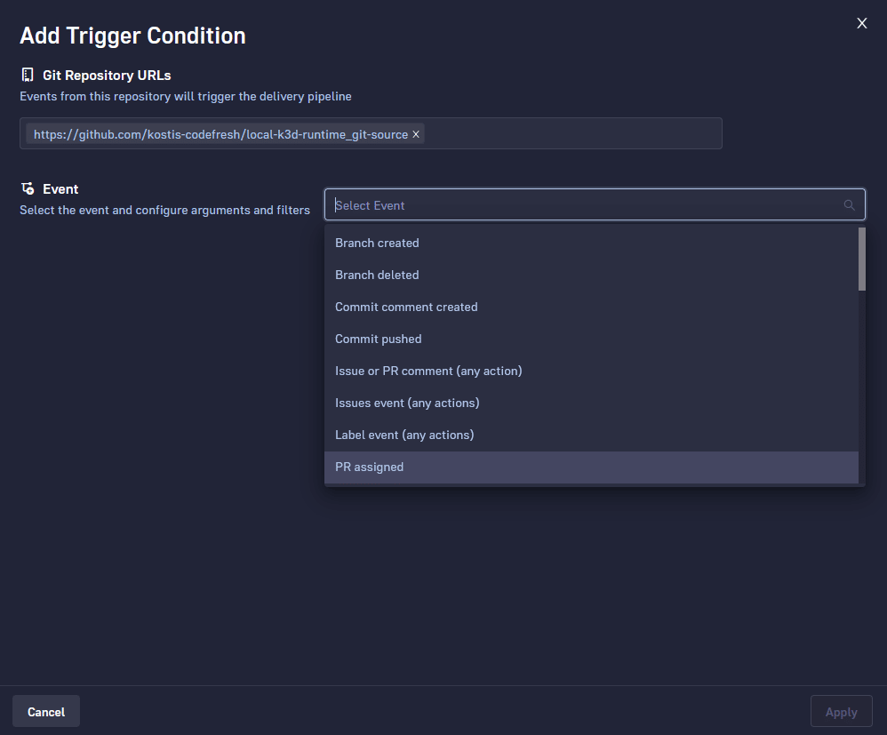 Adding an event trigger in Codefresh