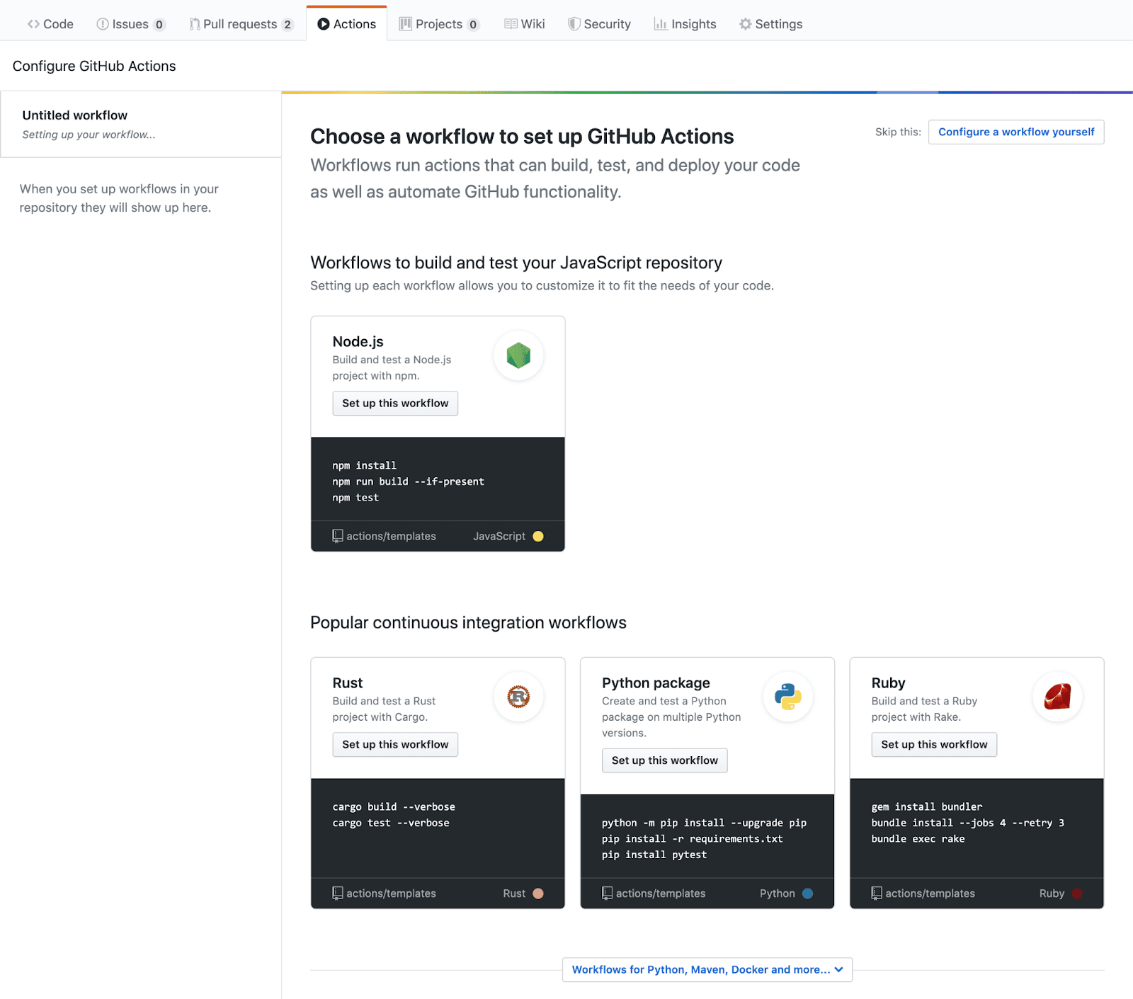 Selecting a workflow in GitHub Actions